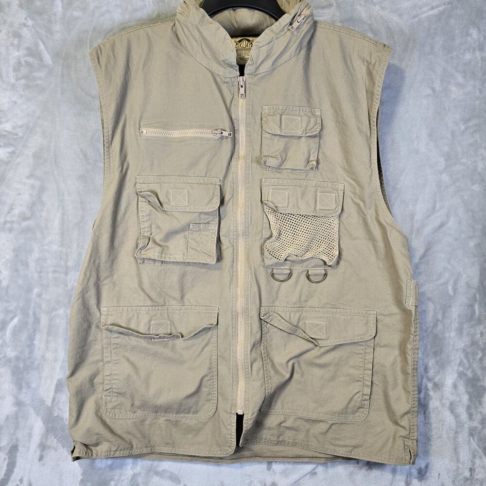 Vtg Nikoata Utility Vest XL Khaki Pockets Hidden Hood Photogs Hiking Fishing